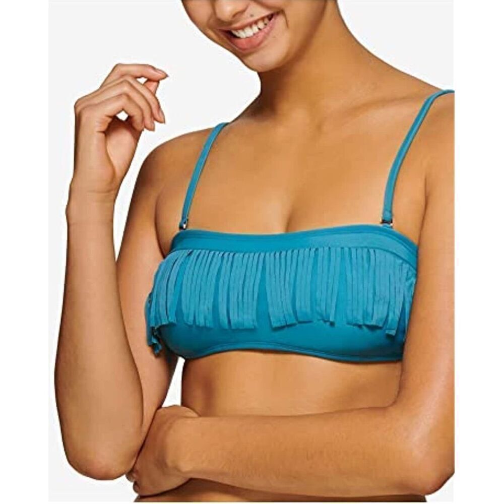 Hula Honey Blue Fringe Bandeau Swim Top Juniors Medium